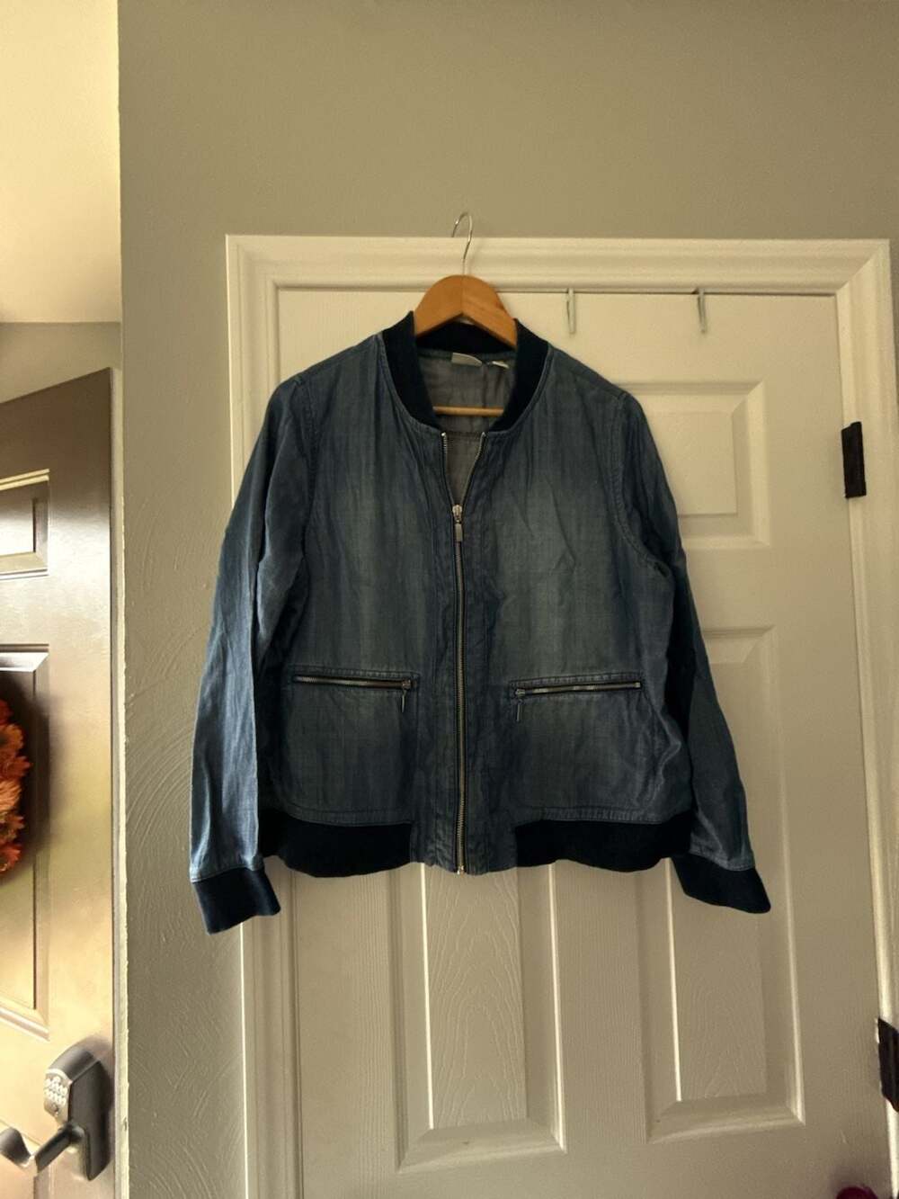 Zenergy by Chico's Denim Bomber Jacket Size 2 Blue
